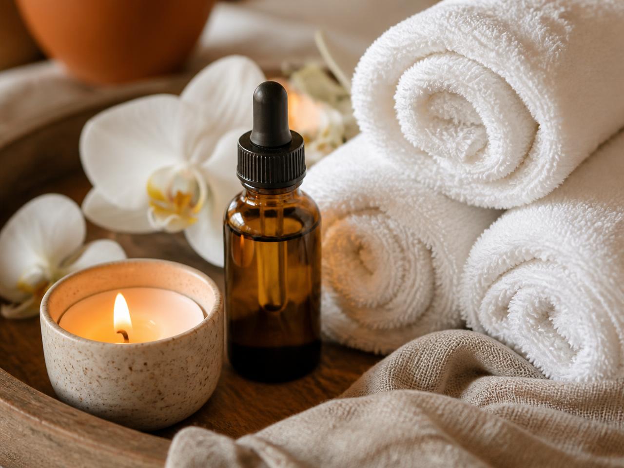 Óleos e toalhas usados na massagem relaxante em Palhoça - Essencial Natural